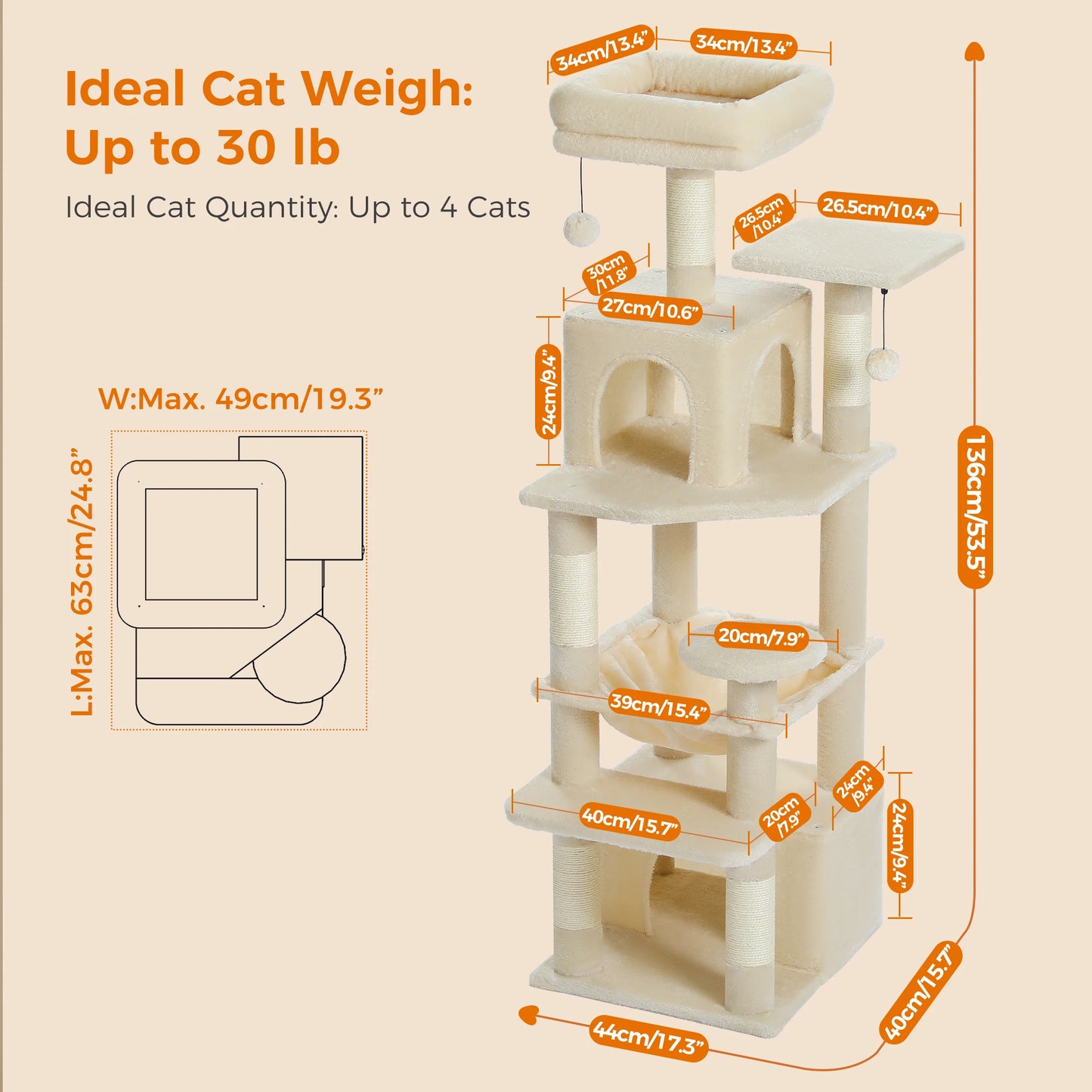 Grand Arbre à Chat 6 Niveaux (136 cm) avec Hamac, Griffoirs & Condos – Chats d’Intérieur