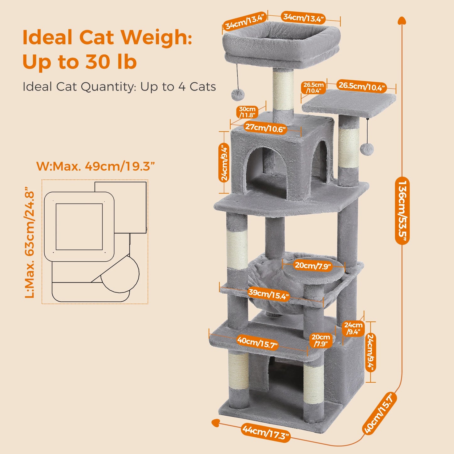 Grand Arbre à Chat 6 Niveaux (136 cm) avec Hamac, Griffoirs & Condos – Chats d’Intérieur