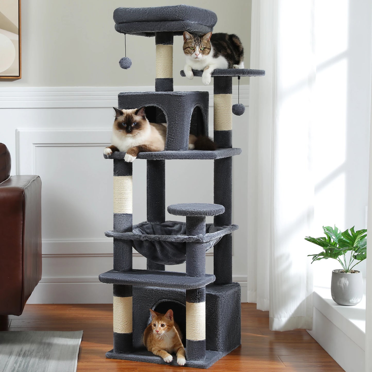 Grand Arbre à Chat 6 Niveaux (136 cm) avec Hamac, Griffoirs & Condos – Chats d’Intérieur